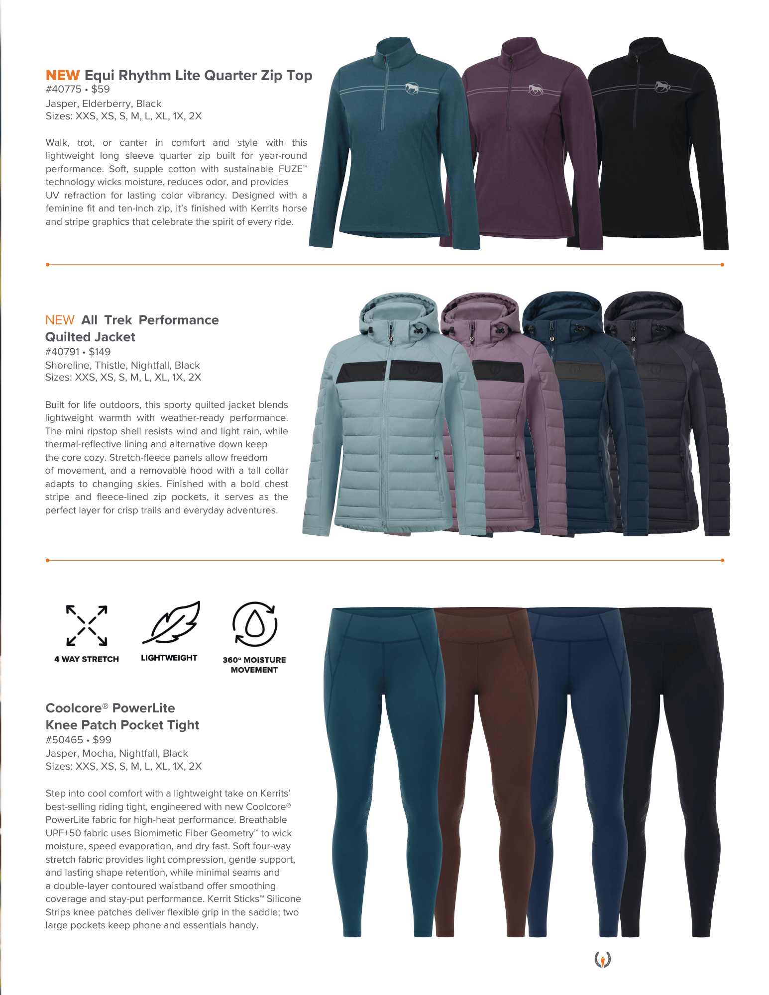 Kerrits Equi Rhythm Lite Quarter Zip Top, All Trek Performance Quilted Jacket, Coolcore Powerlite Tights