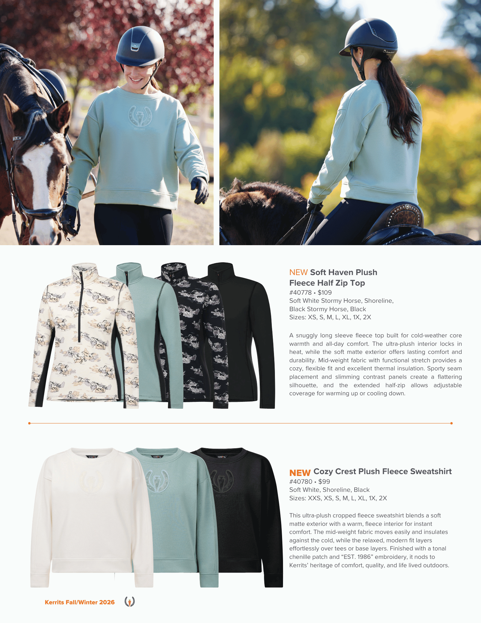 Kerrits Soft Haven Plush Fleece Half Zip Top, Cozy Crest Plush Fleece Sweatshirt